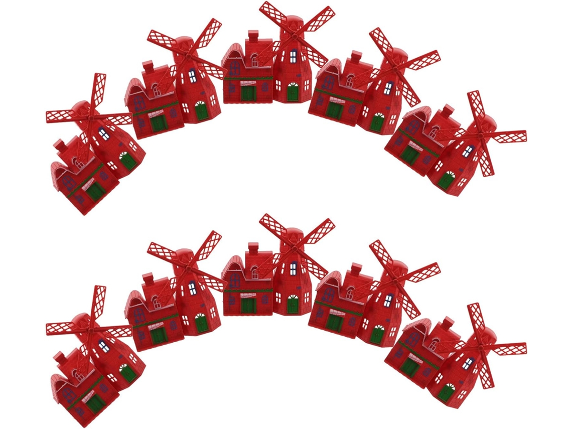 Lote De 10 Molinillos De Viento Decorativos Miniatura De Plástico Rojo, Casitas.