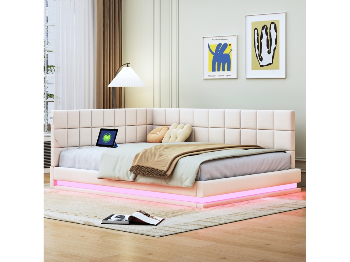 Sofá Cama Multifuncional De 140x200 Cm Con Iluminación Led, Puerto Usb, Espacio De Almacenamiento Y Somier De Láminas, En Lino Color Beige.