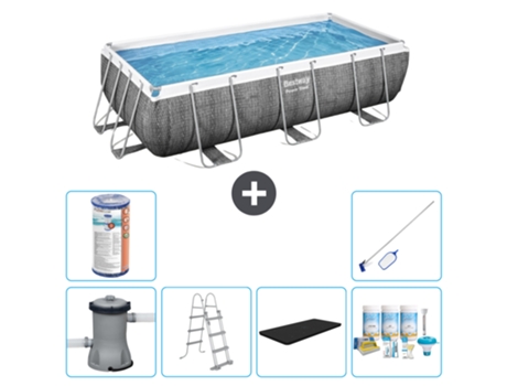 Piscina BESTWAY Rectangular Power Steel - Estampado Ratán - 404 x 201 x 100 - Incluida Bomba - Escalera Accesorios CB24