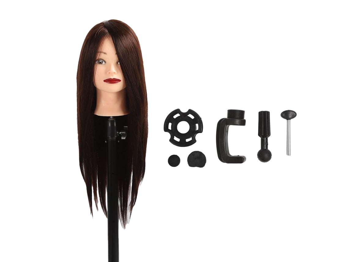 Cabeça de manequim com cabelo castanho e presilha (modelo 2026) para treinamento de penteados.