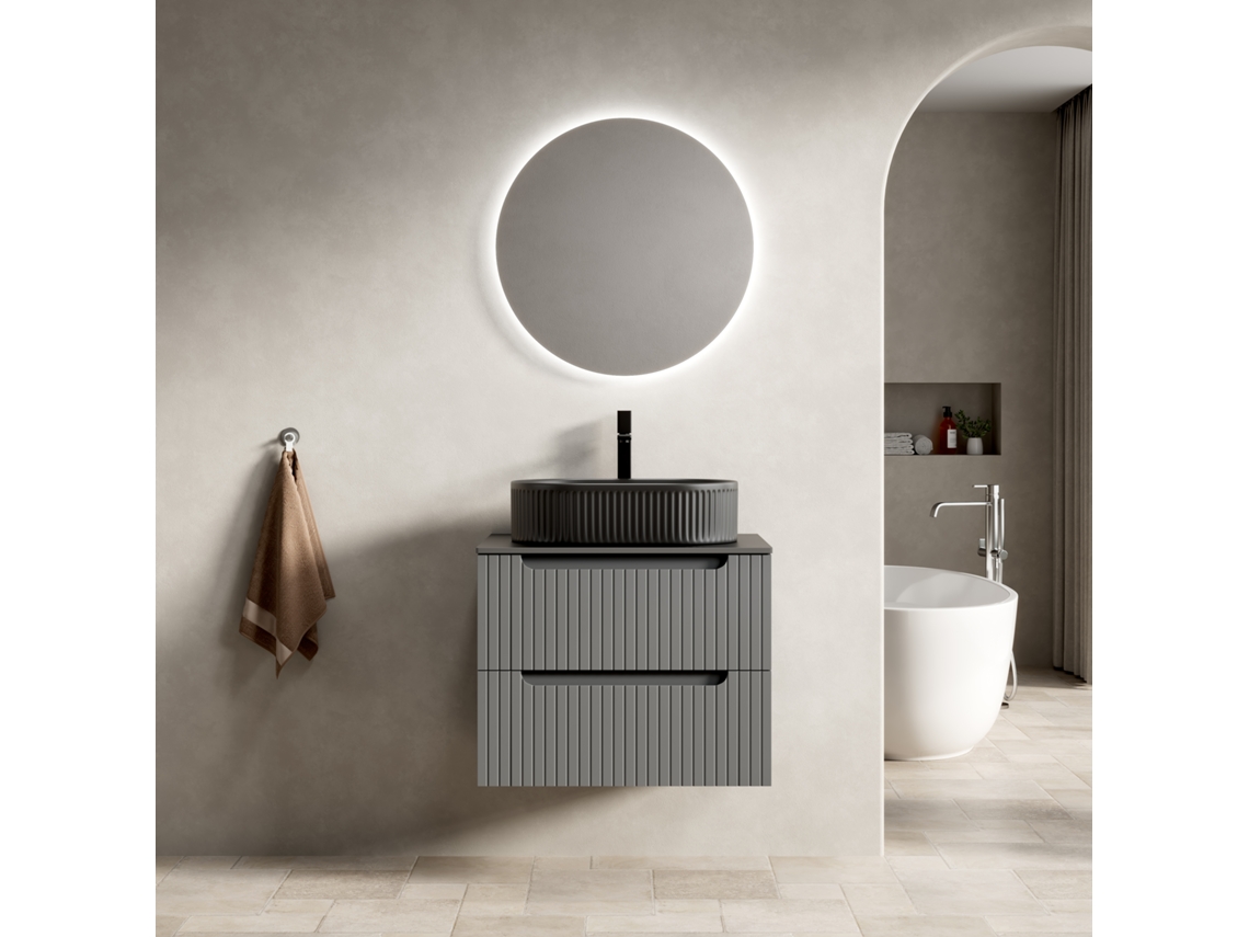 Grea Lavabo Suspendido 60cm Con Cubeta Oval Negra, Piedra Sinterizada Negra, Armario Listonado Con 2 Cajones, Gris