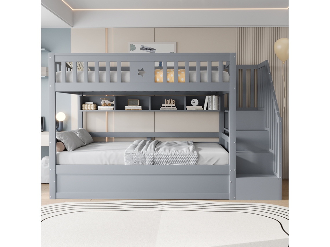 Cama alta de madera de 90 x 200 cm con cajón hidráulico, escalera de almacenaje y estantes grises.