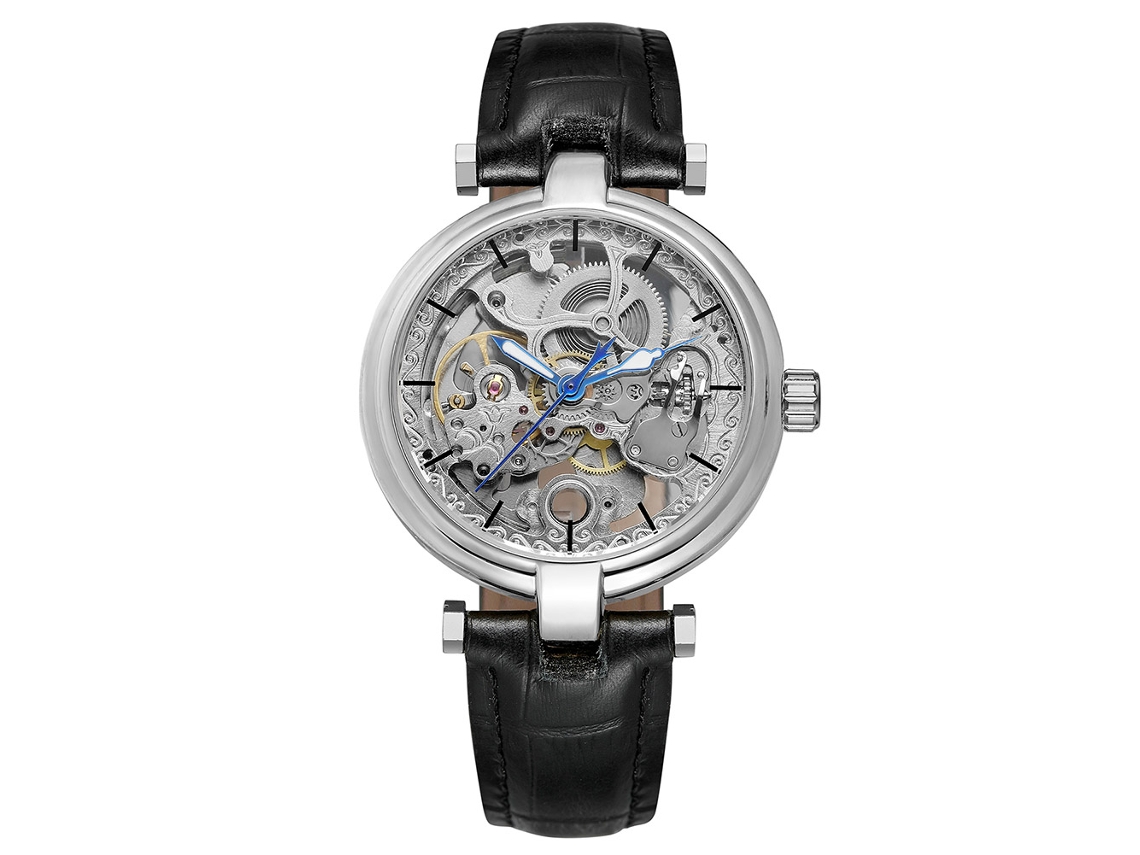 Reloj Automático Mecánico Hombre Exquisito Hueco Caja Plata Correa Negra Impermeable
