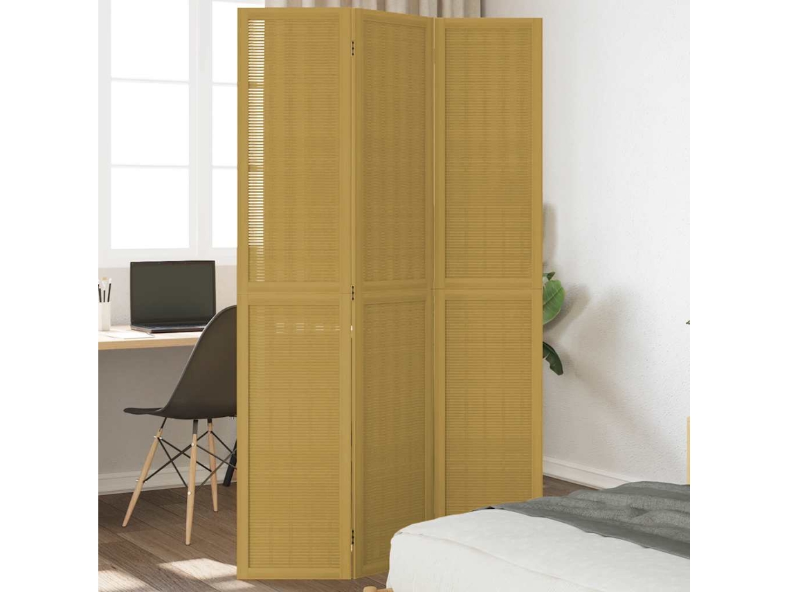Separador de ambientes | Biombo de privacidad con 3 paneles, madera maciza de paulownia marrón.