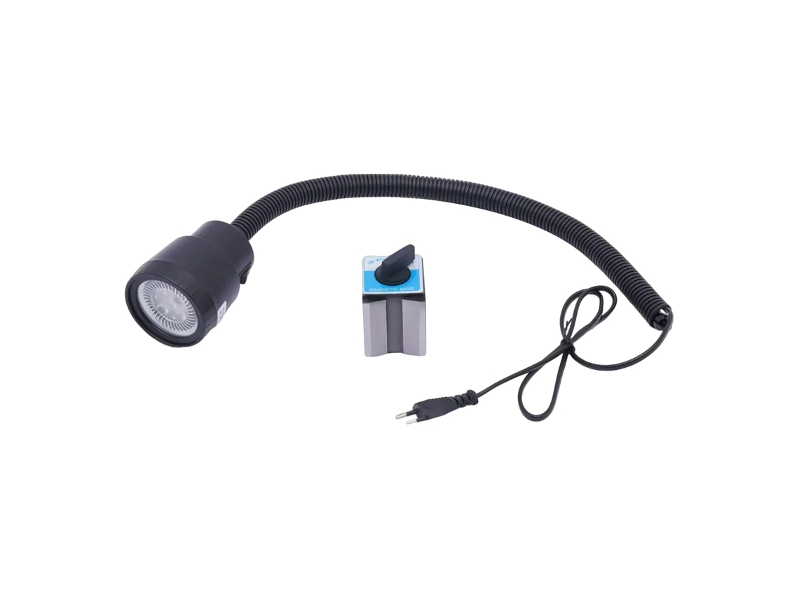 Lámpara de trabajo para máquinas, base magnética, posicionamiento flexible, color negro.