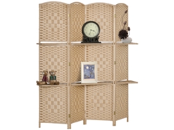 Biombo Plegable De 4 Paneles Y 2 Estantes, 160x170cm, Acabado Natural.