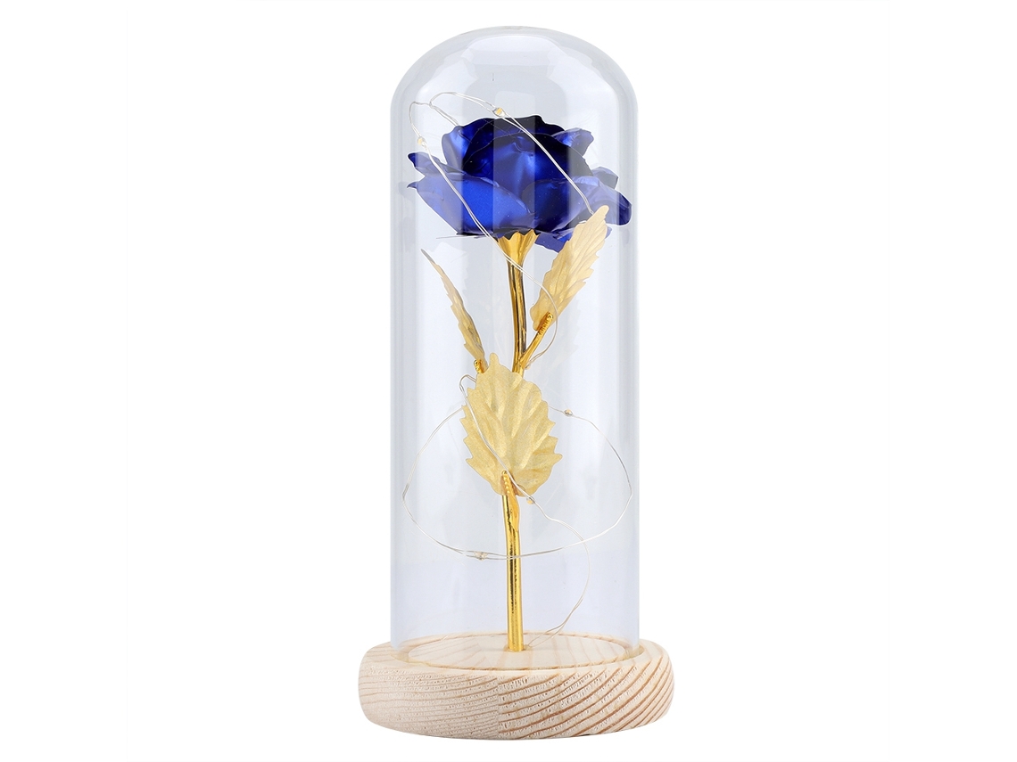 Rosa preservada con LED y cubierta de cristal, base de madera para regalo de boda (azul) KOFIHETY