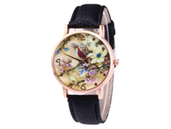 Reloj De Pulsera De Cuarzo Zhoulianfa Con Correa De Pu Y Estampado De Flores Y Pájaros (negro)