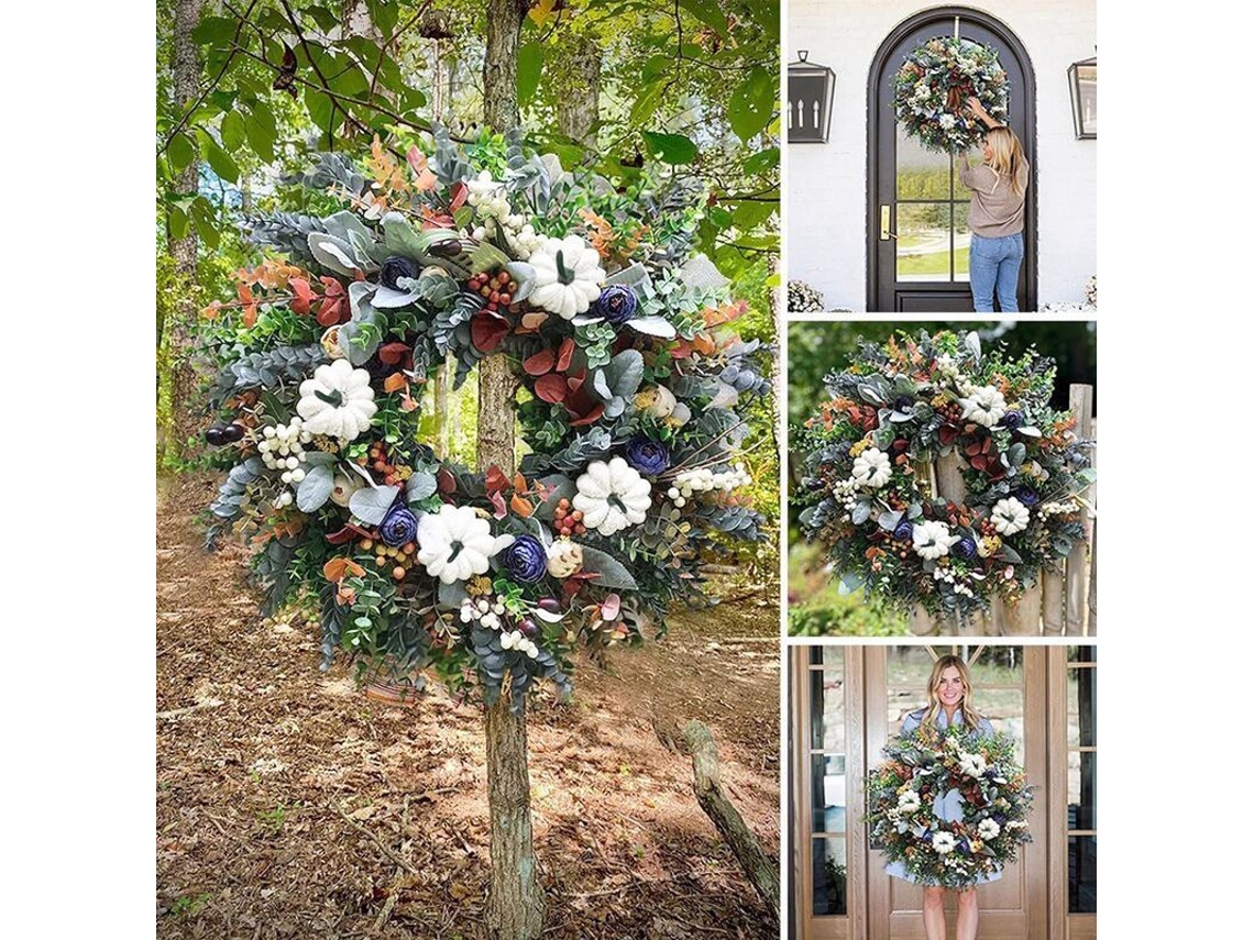 Guirnalda De Otoño Para Puerta Principal, 45cm Con Hojas De Arce, Calabazas Blancas Y Frutos Secos