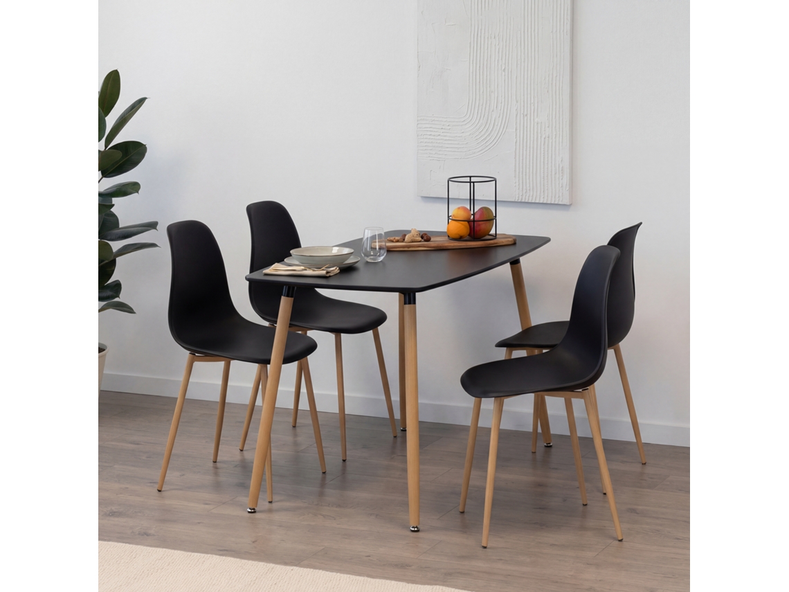 Conjunto De Mesa Y 4 Sillas Felicia Hemans Negras, Mesa En Mdf 120 X 70 Cm, Patas Metálicas Efecto Madera, Pies Antideslizantes - Mog Casa