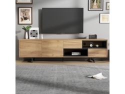 Mueble de TV bajo con varias opciones de almacenamiento 173x38x48 cm Tablero de partículas color madera, para televisores de hasta 70 pulgadas Mobrio