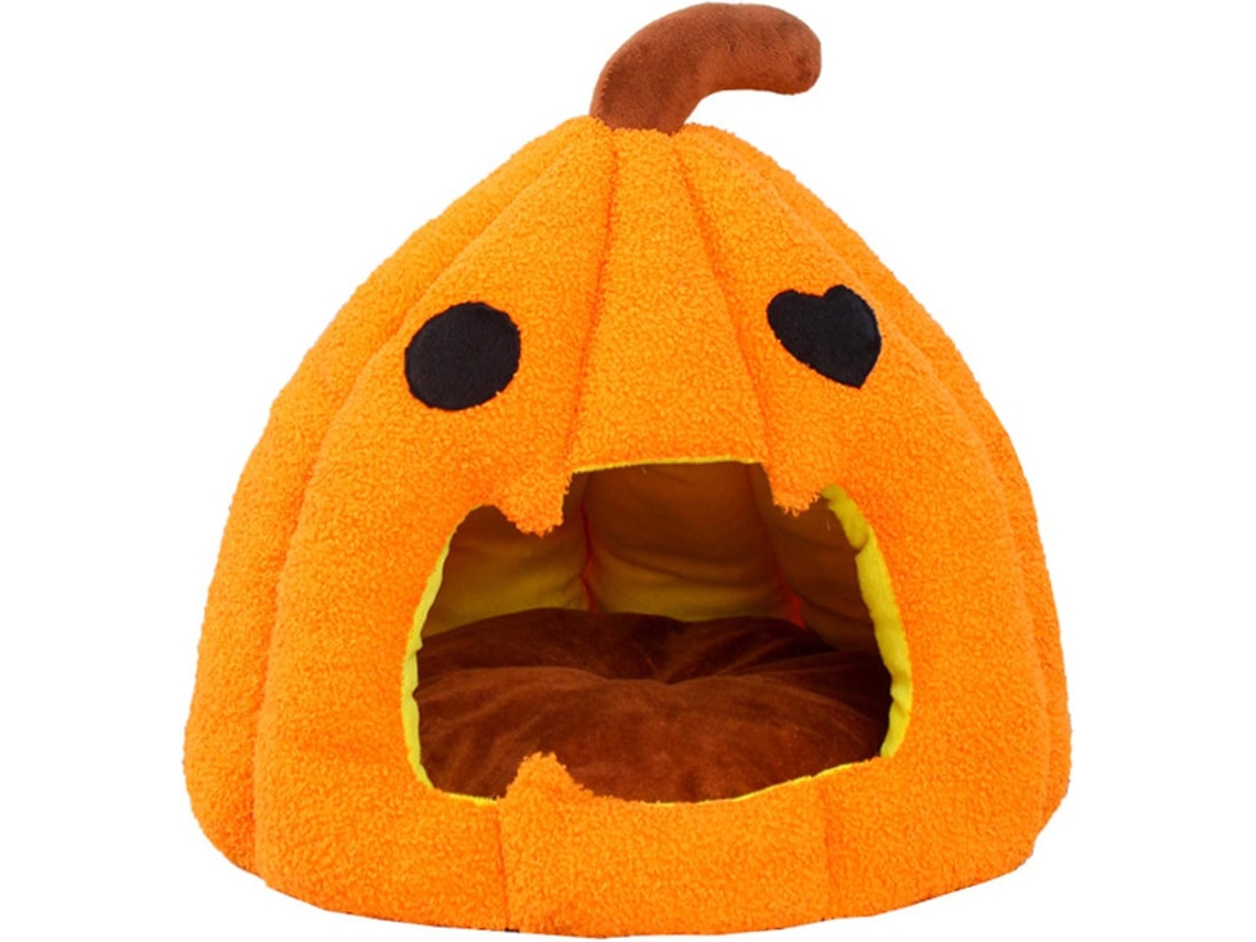 Cama para gatos de Halloween ELORY con forma de calabaza y cojín lavable.