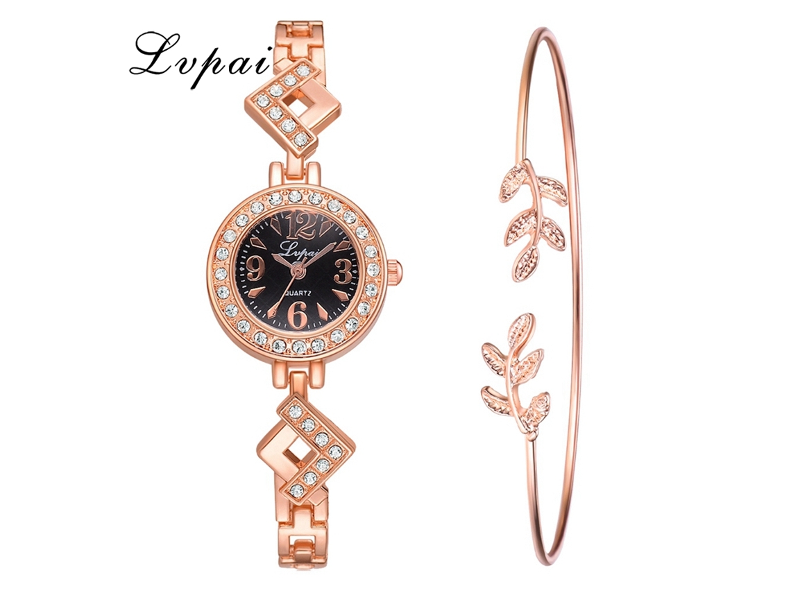 Reloj De Pulsera De Cuarzo Para Mujer Con Brazalete De Aleación Negra En Oro Rosa Y Diamantes De Imitación.