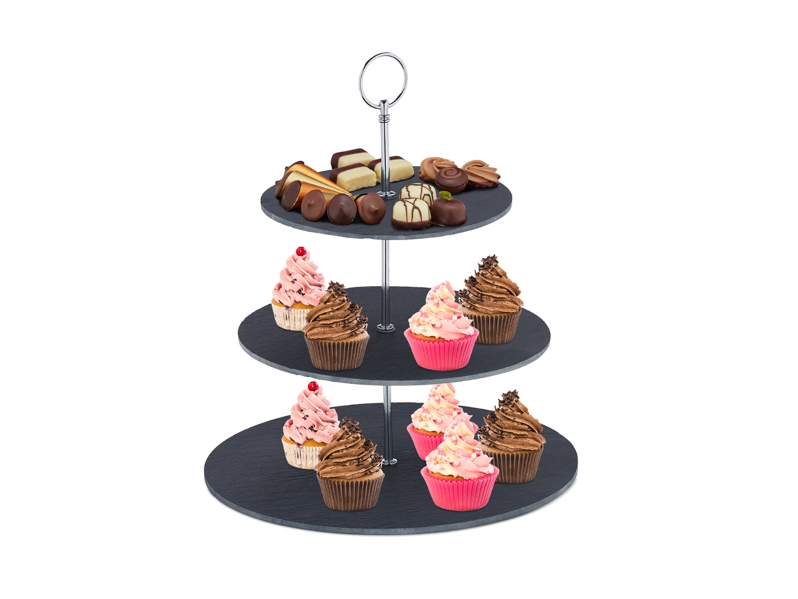 Relaxdays Etagere, 3 Andares, Ardósia, Bolos, Snacks, Fruta, Pega De Metal, Hxd 33x30 Cm, Antracite/prata