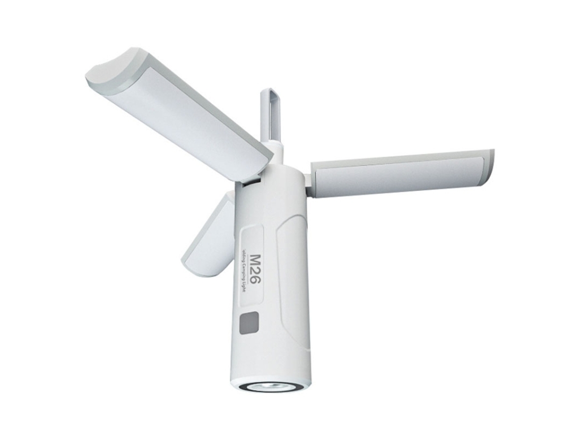 Linterna/luz de mano plegable portátil con batería de 3500 mAh y gancho de tres puntas para uso en exteriores.