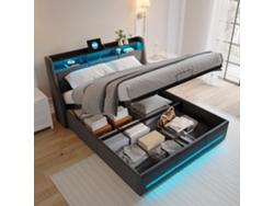 Cama con espacio de almacenamiento, 140x200cm, con iluminación LED y puerto USB, con sistema de almacenamiento hidráulico, tapizada en tela de lino, sin colchón.