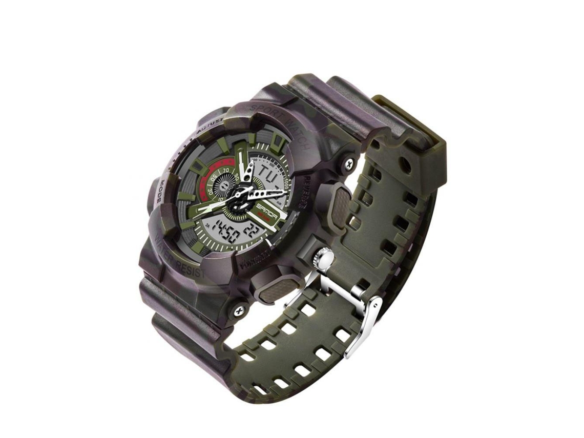 Reloj Electrónico Sanda Impermeable De Doble Pantalla Camuflaje Verde Ejército Negro