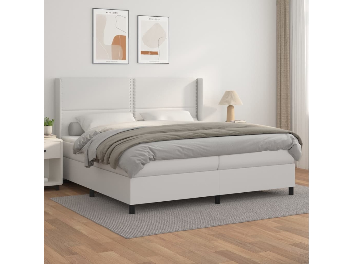 Cama Box Spring Con Colchón Cuero Sintético Blanco 200x200 Cm