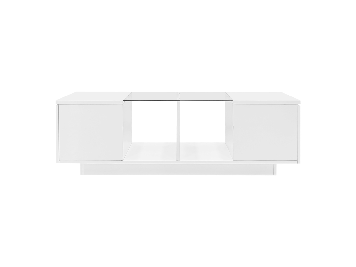 Mesa de centro con LED multicolor, 2 puertas abatibles y estante de cristal blanco Mobrio