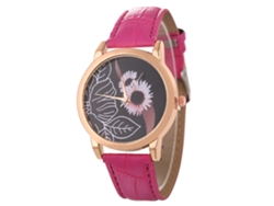 Reloj De Pulsera De Cuarzo Para Hombre Y Mujer Con Correa De Piel Sintética Y Esfera Redonda Rosa Con Estampado Floral.