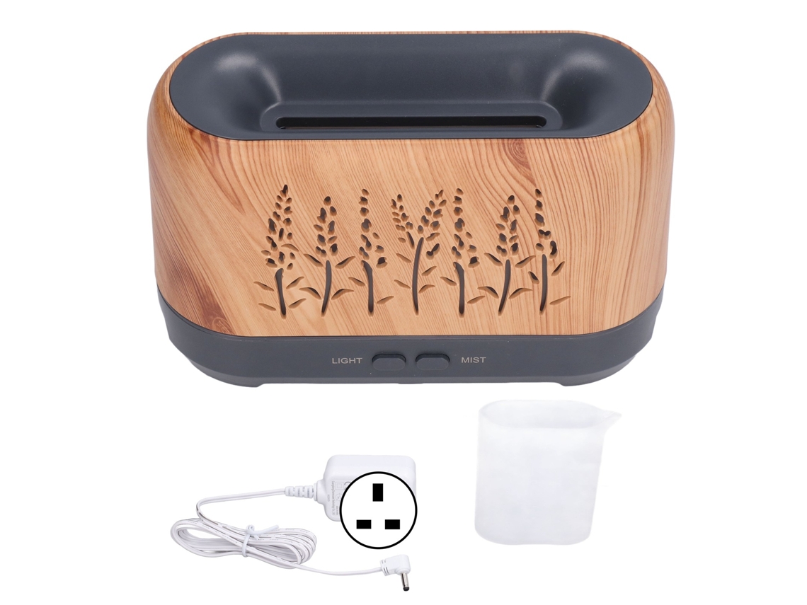 Humidificador difusor de aroma de 200 ml con diseño ligero y silencioso, fabricado en madera y llama, 100-240 V