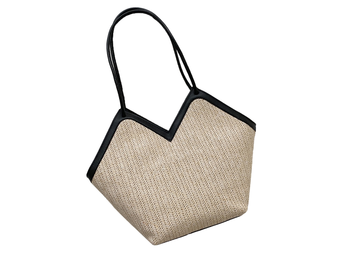 Bolso Tote De Paja Y Cuero Para Mujer, Gran Capacidad, Negro Clásico.