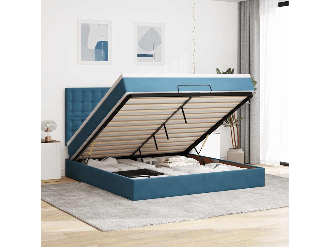Estructura De Cama Otomana Colchones Terciopelo Azul Oscuro