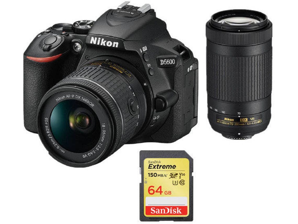 Kit Cámara Reflex, 2 Objectivos y Tarjeta SD 64 GB NIKON D5600 (24.2 MP - Sensor: CMOS - ISO: 100 a 25600)