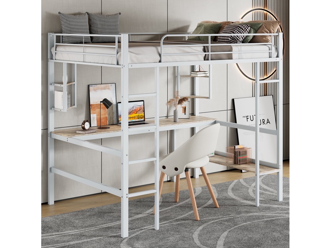 Cama Alta Metálica De 90x200 Cm Con Escritorio, Estantes Y Librería, Escalera Con Almacenamiento, Para Niños/adolescentes/adultos, Blanca.