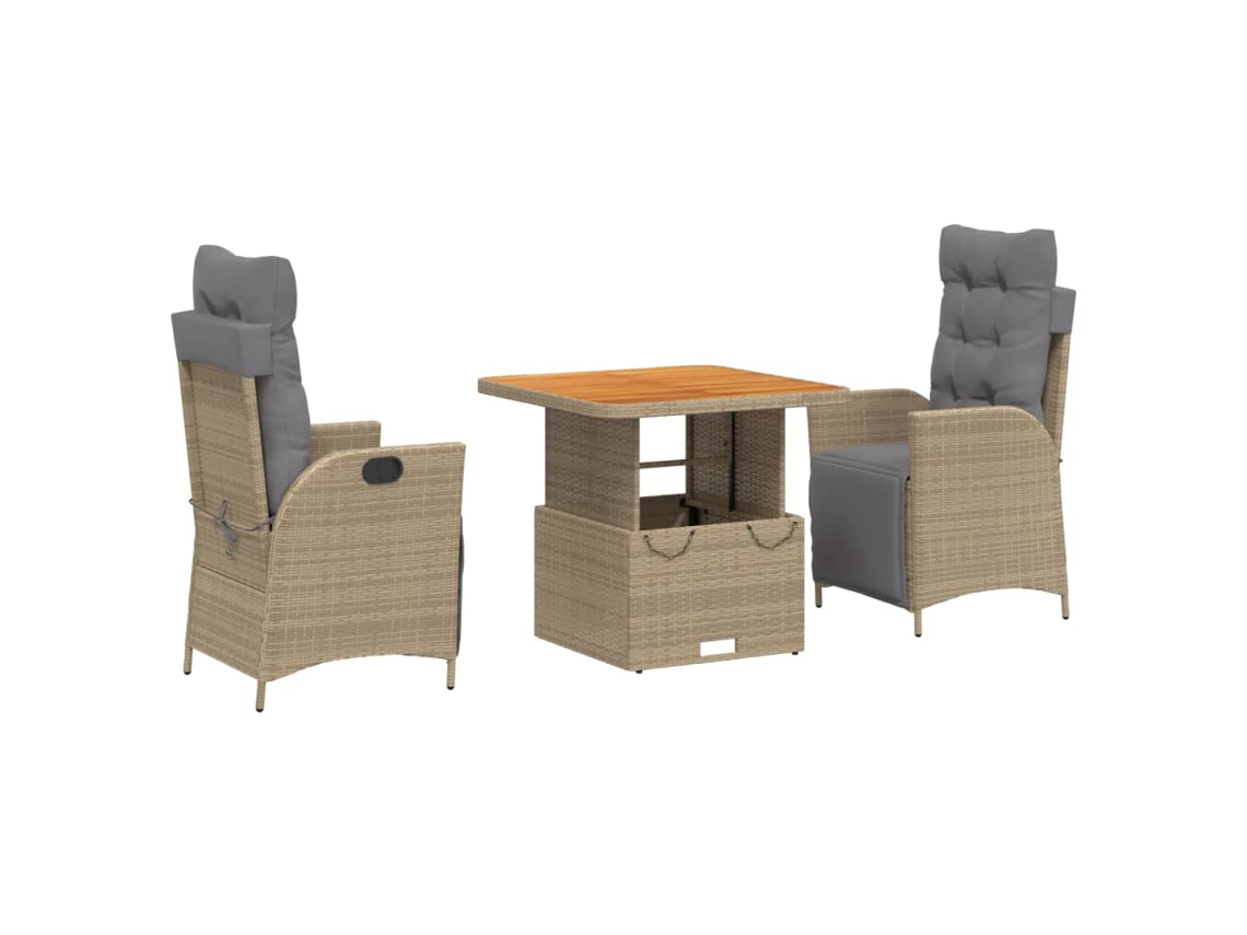 Conjunto de comedor de jardín de 3 piezas con cojines de mimbre, beige, EXCLUSIVO DE LA CASA (3 piezas)