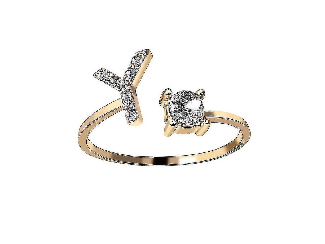 2026-anillo Ajustable De Metal Color Oro Con Letras A-z Iniciales De Cristal Para Mujer