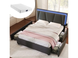 Cama Doble Tapizada De 160x200 Cm Con Iluminación Led, 4 Cajones, Cabecero Ajustable, Color Gris, Con Colchón.
