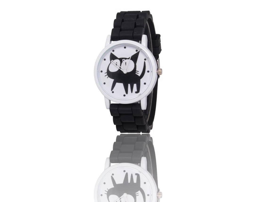 Reloj De Pulsera De Cuarzo Con Correa De Silicona, Diseño De Gatito Adorable Con Ojos Grandes, Estilo Moderno (negro)