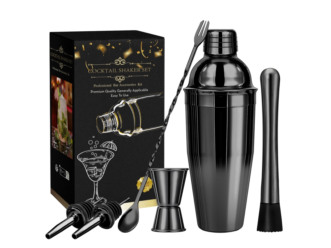 Juego de coctelería de 6 piezas, incluye vaso medidor, cuchara para revolver, machacador, 2 vertedores y colador de 550 ml de color negro.
