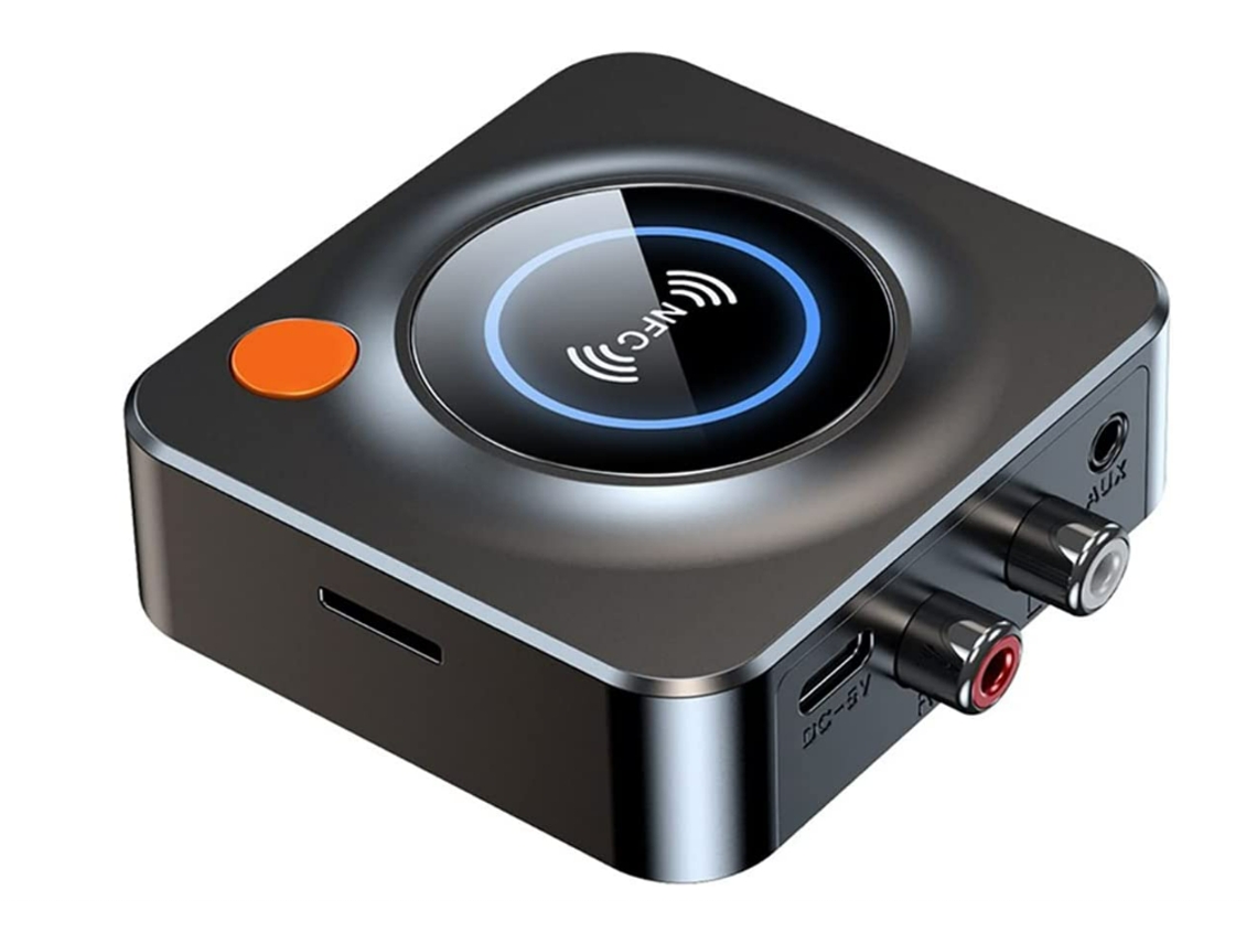 Receptor Bluetooth 5.1, adaptador de audio inalámbrico con NFC/ranura para tarjeta TF/3,5 mm AUX/RCA/, baja latencia para sistema estéreo de transmisión de música en casa (negro)