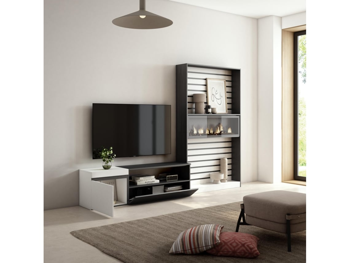 Muebles de Salón para TV 260x186x35cm Para TV hasta 65 Chimenea eléctrica  Blanco y negro