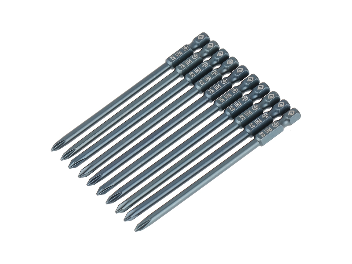 Conjunto de 10 pontas de parafuso Ph2 S2 com haste hexagonal 1/4'' 100mm | S/MARCA