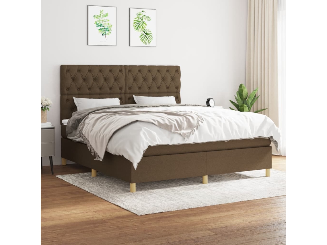 Cama Box Spring Con Colchón Tela Marrón Oscuro 160x200 Cm