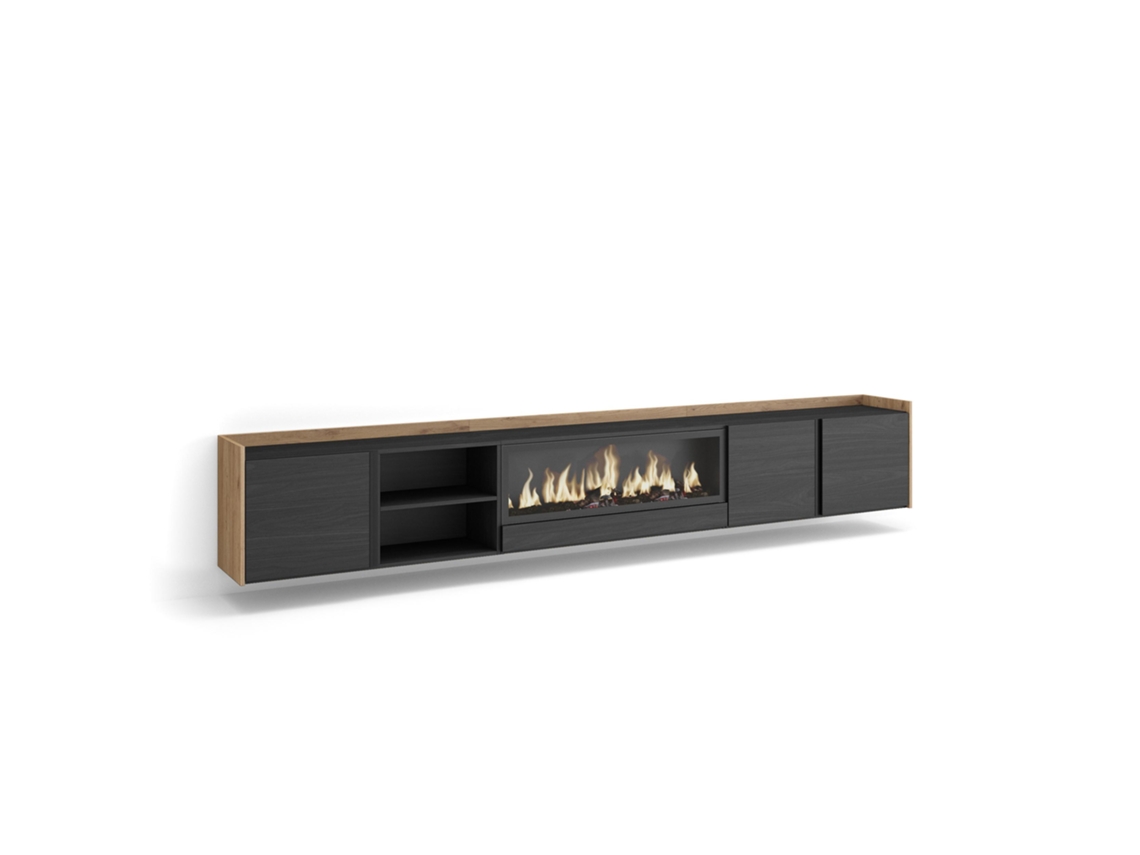 Mueble Tv, Televisión, 315x35x50cm, Para Tv Hasta 80", Chimenea Eléctrica Xxl, Colgado, Suspendido, Negro Y Roble