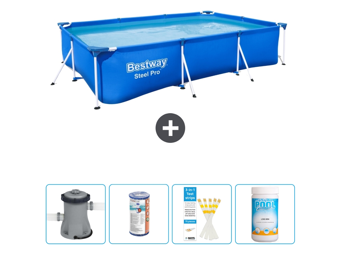 Piscina BESTWAY rectangular Steel Pro - 300 x 201 x 66 cm - Azul - Bomba incluida Filtrar - Tiras de prueba - Cloro