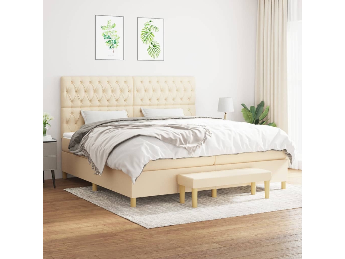 Cama Box Spring Con Colchón Tela Color Crema 200x200 Cm