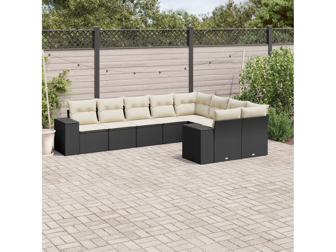 Conjunto de sofá de jardín de 9 piezas con cojines, ratán negro, Dkd Home Decor