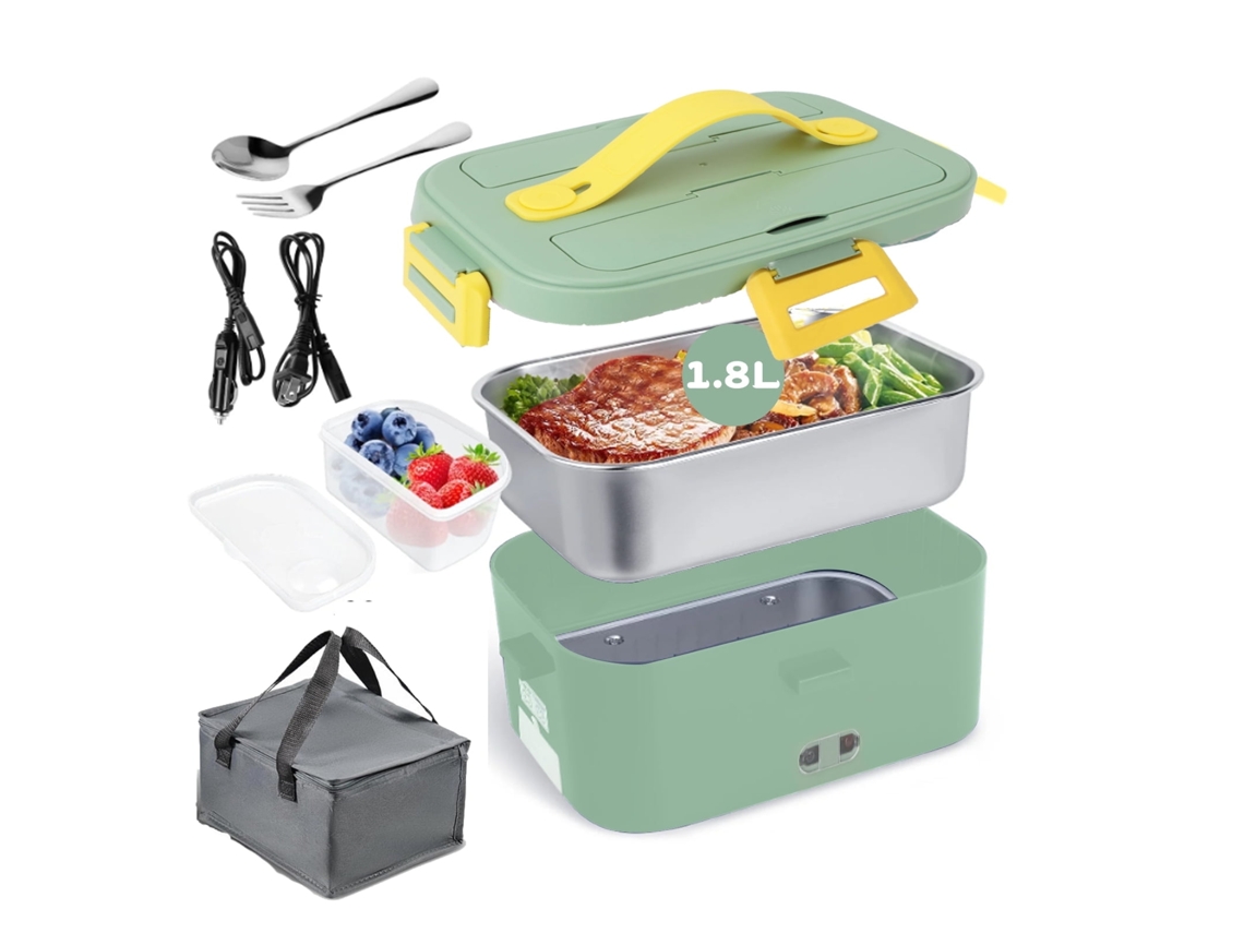 Fiambrera Eléctrica Calentador De Alimentos Portátil 1.8L 12V-24V 220V Con Tenedor Y Cuchara Y Bolsa De Transporte Con Aislamiento Térmico Verde SIURN