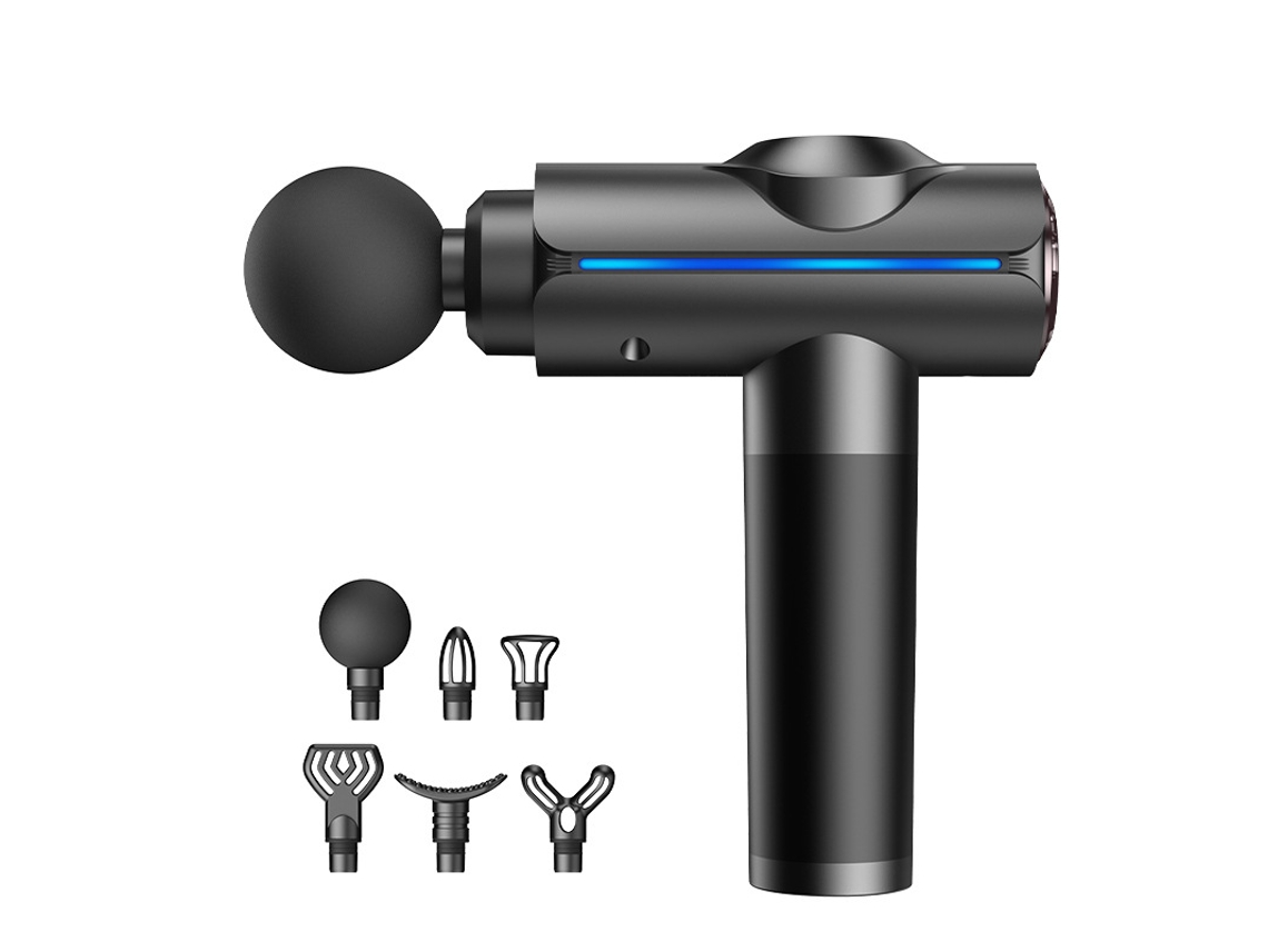 Pistola de masaje (negra) para relajación muscular y alivio del dolor después del ejercicio, con 6 cabezales de masaje.