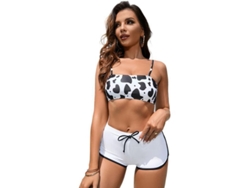 Traje De Banho Para Mulher Bikini Miniatura De Um Ombro Com Sling De Três Peças Estampado E Cor Sólida Mgzmblack