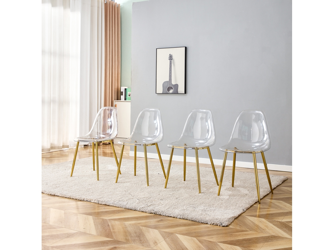 Juego De 4 Sillas De Comedor De Plástico Transparente Con Patas Doradas.