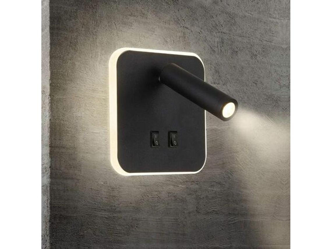 Lámpara De Pared Led Para Dormitorio, Hotel, Pasillo, 3w+10w, Cuadrada, Luz Cálida, Interruptor Negro.