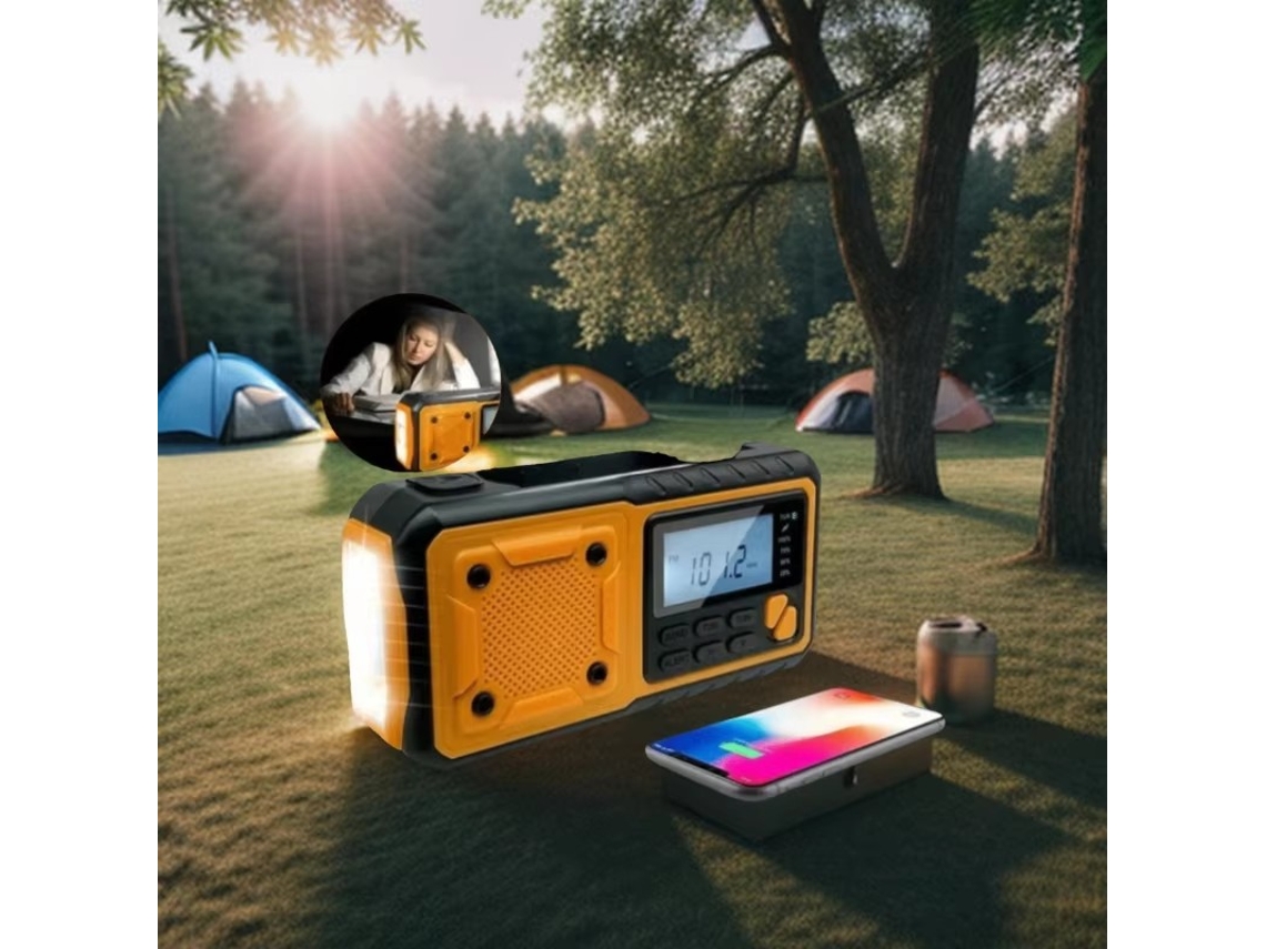 Radio portátil de emergencia Viewleaf con manivela solar, batería de 5000 mAh, compatible con AM/FM/SW multibanda y linterna LED de lectura integrada.