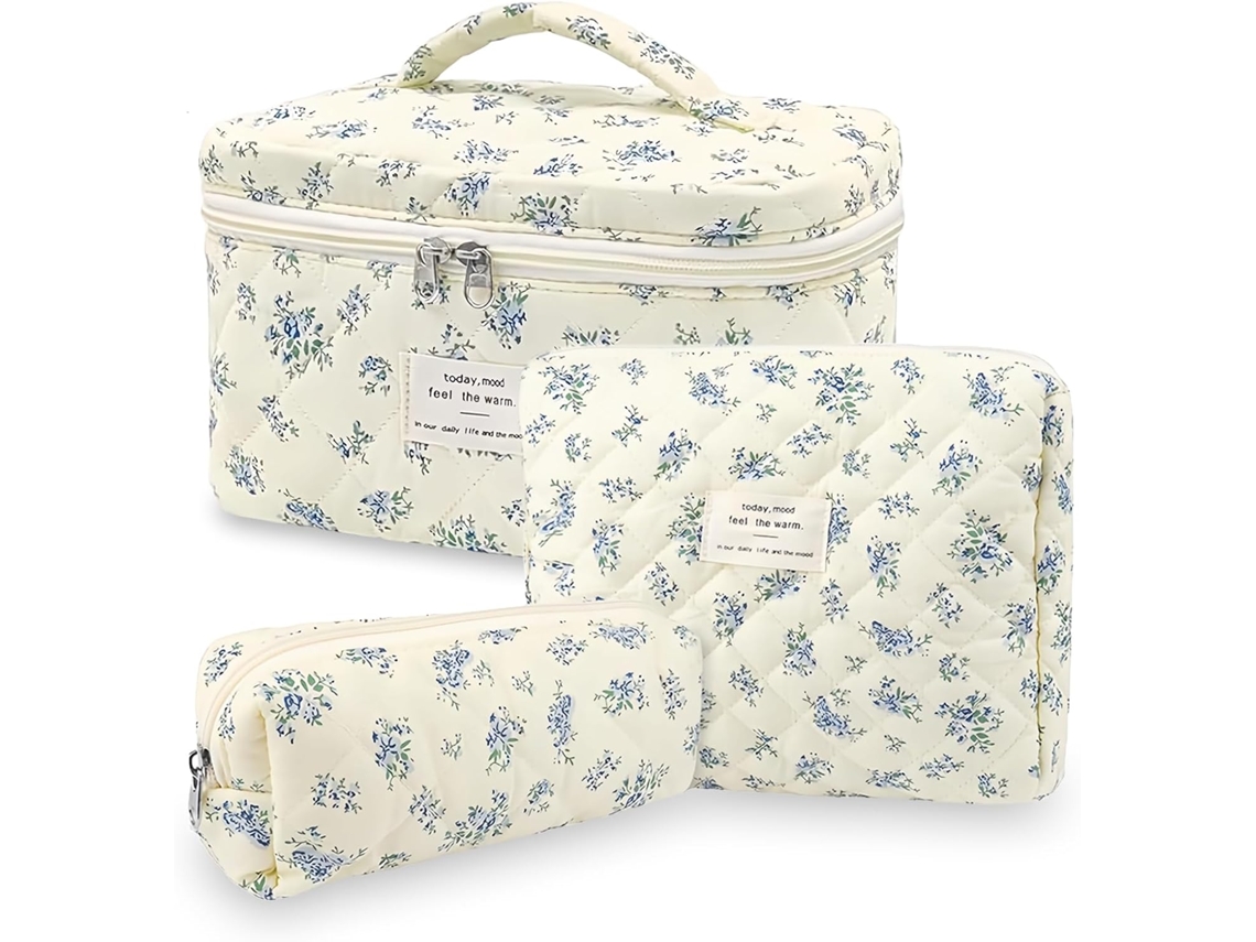 Kit de maquillaje grande de algodón (3 piezas) - Estampado floral, gran capacidad (4)