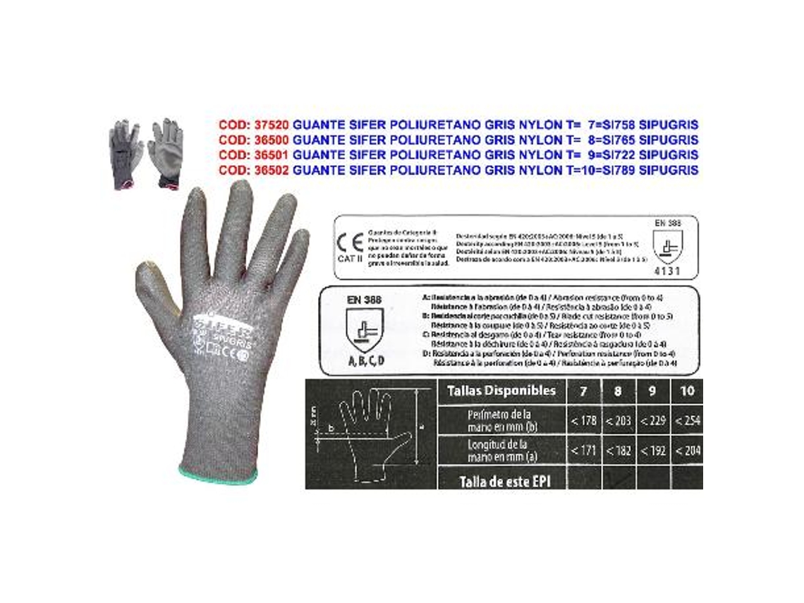 Guante sifer poliuretano gris nylon t  10  si789 sipugris (caja 12 unidades)